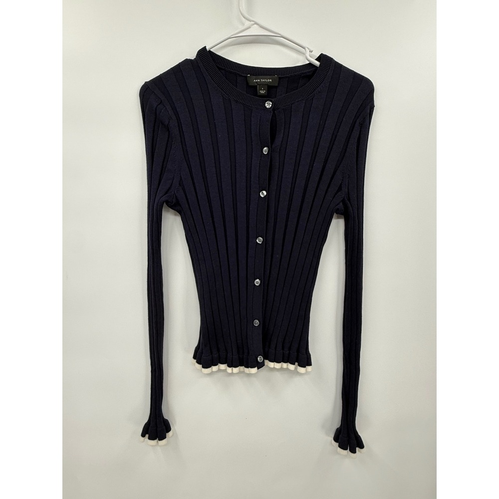 Ann Taylor Size S Cardigan Womens Navy Blue Silk Blend Ribbed Lettuce Edge Trim